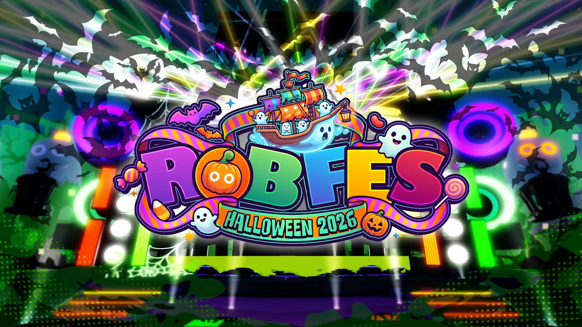 ハロウィン仕様のダンスステージと、ロブフェス HALLOWEEN 2026のロゴ