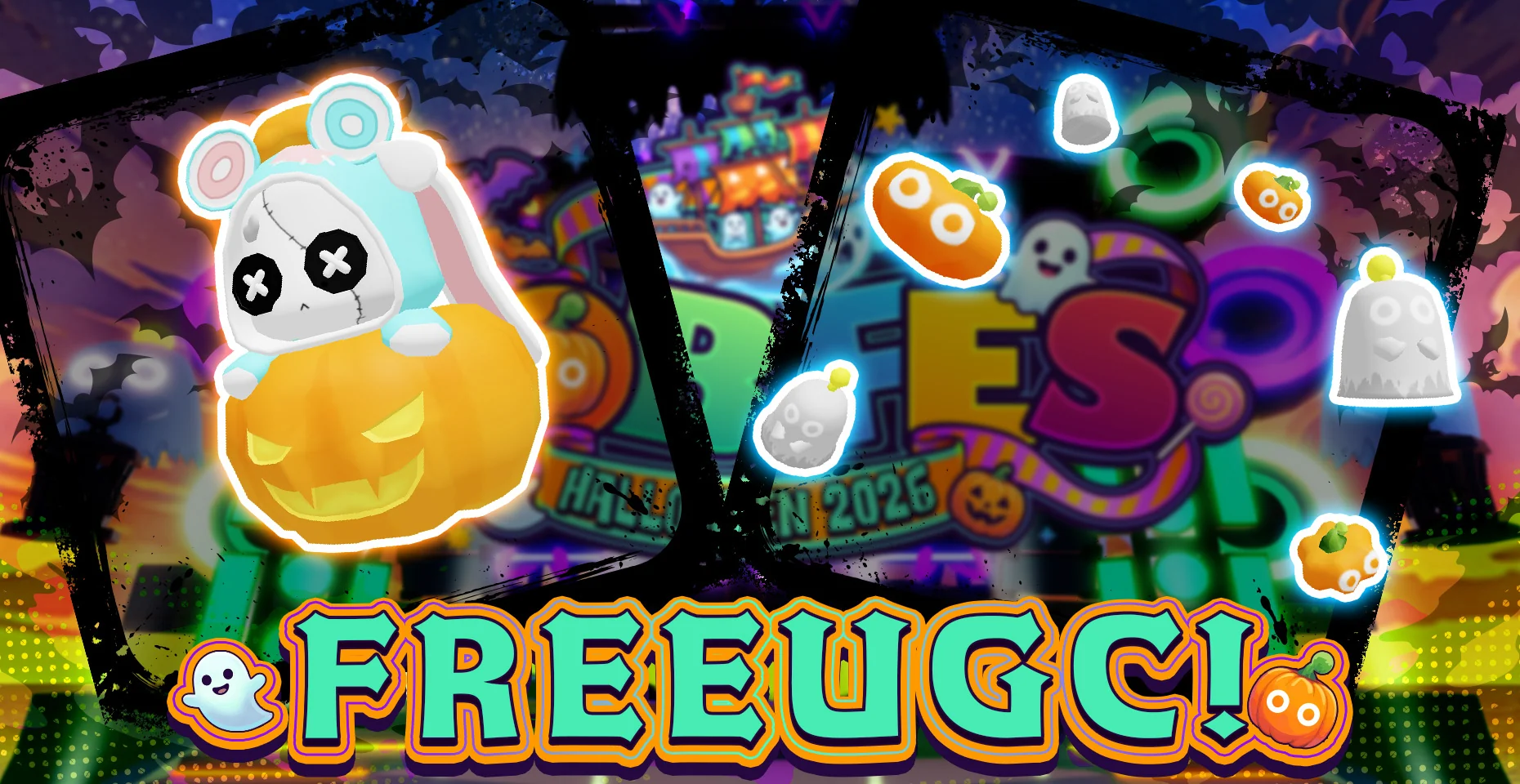 限定Free UGCの2種類。カボチャに入ったぬいぐるみと、オバケやカボチャの飾り