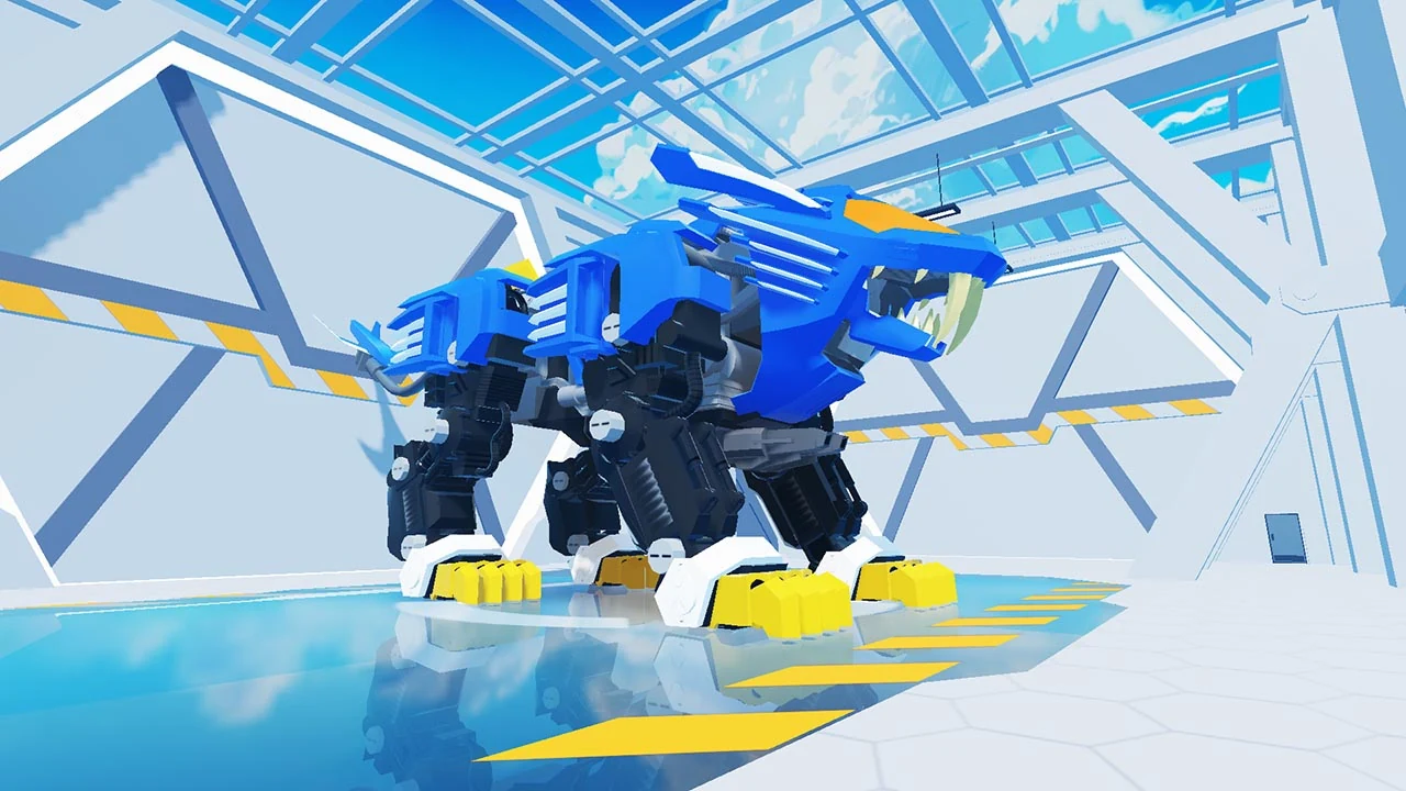 ZOIDS RIVALS。明るい格納庫に立つ青いゾイドを大きく写したの提供ビジュアル。