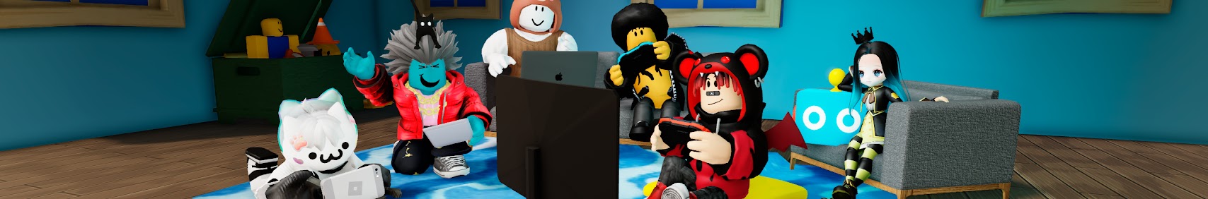一緒にゲームを楽しむロブラボのアバターたち。自社YouTubeチャンネルのバナー。